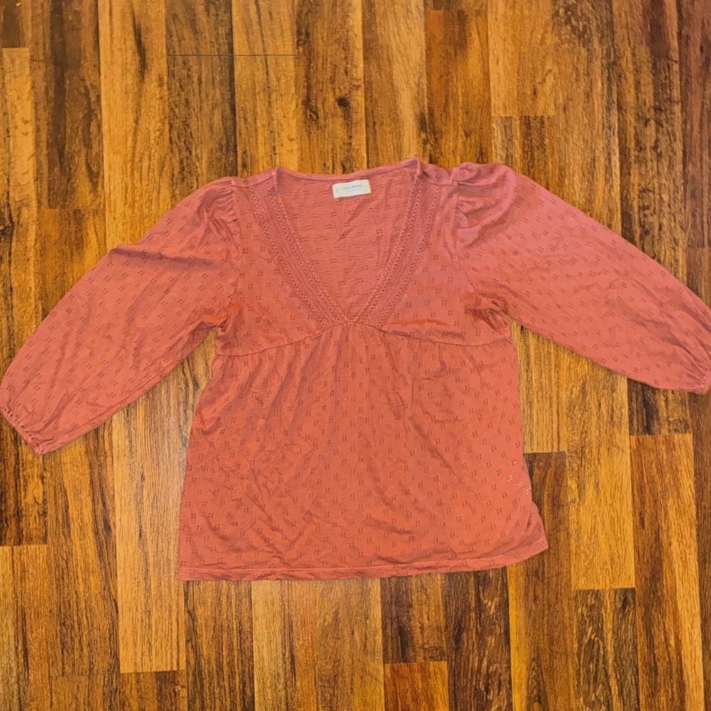 Lucky Brand Women Terracotta Rust Eyelet V-Neck Empire Waist Blouse Small